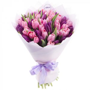 Букет из 21 розового и фиолетового тюльпана — Доставка тюльпанов недорого