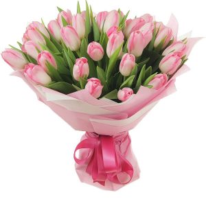 Букет из 35 бело-розовых тюльпанов — Доставка тюльпанов недорого