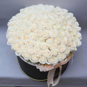 101 белая роза в коробке — Розы