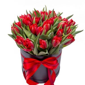 Букет из 35 красных тюльпанов в коробке