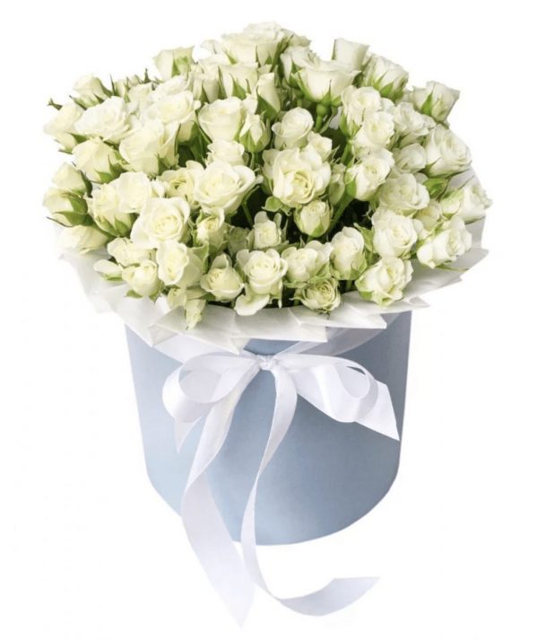 Белые кустовые розы в коробке — 50 белых роз