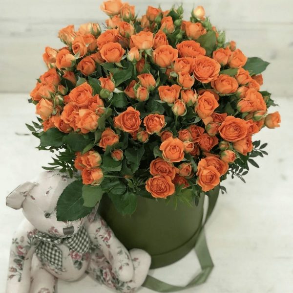 Оранжевые кустовые розы в коробке — Розы