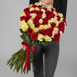 Букет 75 красно-белых Роз (70 см.) — Розы