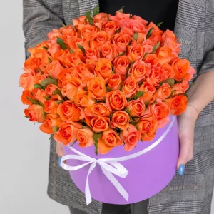 75 ярко-оранжевых роз в коробке — Букеты цветов
