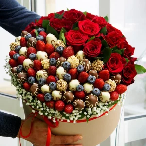 Коробка с розами и клубникой в шоколаде