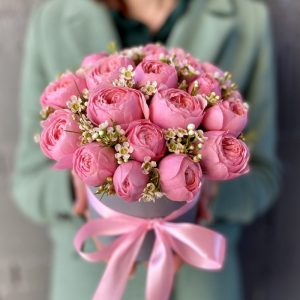 25 розовых пионовидных роз в коробке — 25 роз доставка