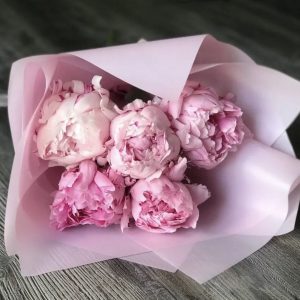 5 розовых пионов в упаковке — Пионы
