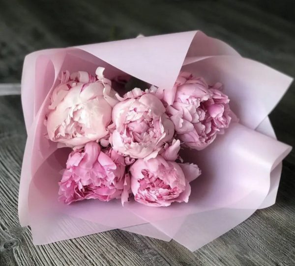 5 розовых пионов в упаковке