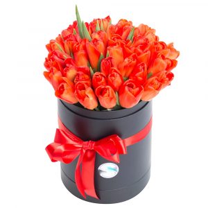 Букет из 35 оранжевых тюльпанов в коробке — Тюльпаны