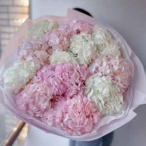 Букет из 15 белых и розовых гортензий в упаковке — Букеты цветов
