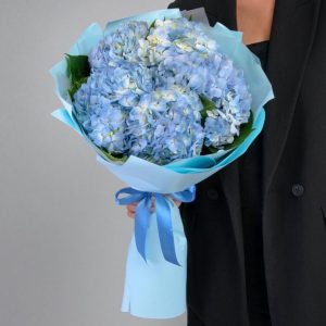 Букет из 5 голубых гортензий в упаковке — Букеты цветов