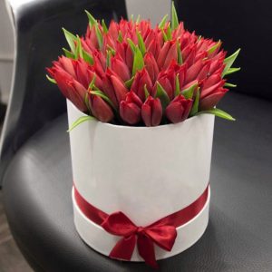 Букет из 25 красных тюльпанов в коробке