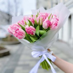 15 бело-розовых пионовидных тюльпанов — Доставка тюльпанов недорого