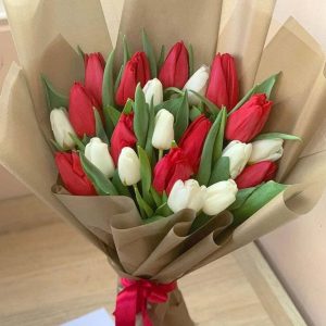 Букет из 15 красных и белых тюльпанов — Доставка тюльпанов недорого