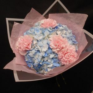 Голубые гортензии с розовыми гвоздиками — Бизнес букеты