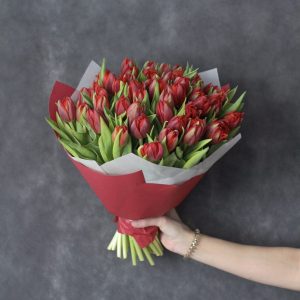 49 красных пионовидных тюльпанов — Тюльпаны
