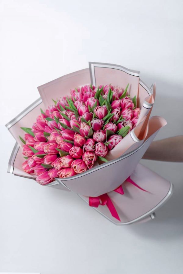 Букет из 75 бело-розовых тюльпанов