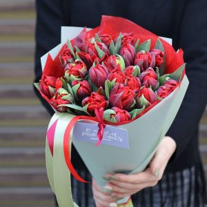 15 красных пионовидных тюльпанов — Тюльпаны
