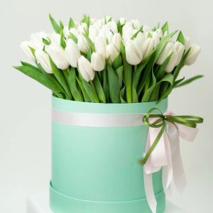 Букет из 101 белого тюльпана в коробке — 100 тюльпанов
