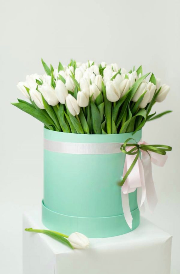 Букет из 75 белых тюльпанов в коробке — Тюльпаны