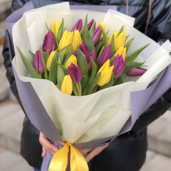 Букет из 25 фиолетовых и желтых тюльпанов