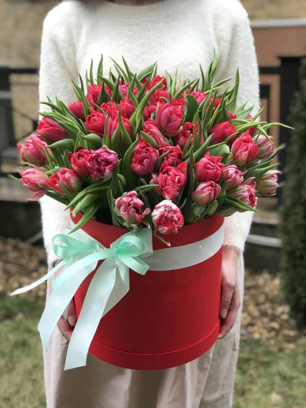 Букет из 101 розового тюльпана в коробке — Тюльпаны