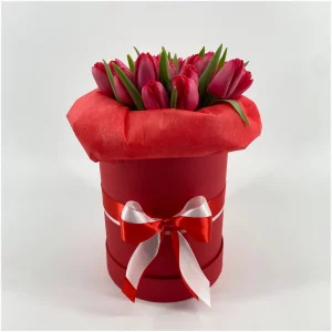 Букет из 15 бордовых тюльпанов в коробке — Тюльпаны