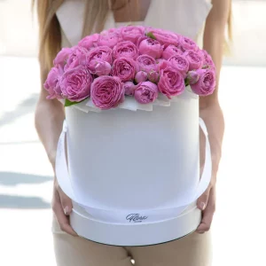 Пионовидные розы «Misty Bubbles» в Шляпной Коробке GRAND WHITE — Доставка роз