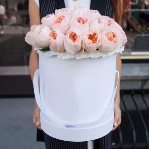 Пионовидные розы «Juliet» David Austin в Шляпной Коробке — Доставка роз