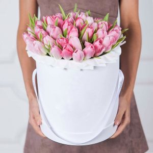 Букет из 51 нежно-розового тюльпана в коробке — 55 тюльпанов