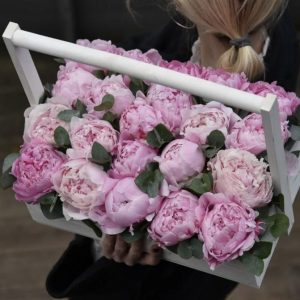Букет из 21 розового пиона в ящике — Пионы