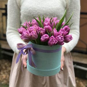 25 сиреневых пионовидных тюльпанов в коробке — Доставка тюльпанов недорого