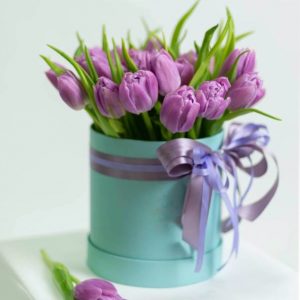 25 сиреневых тюльпанов в коробке — Доставка тюльпанов недорого