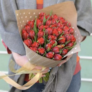 35 красных пионовидных тюльпанов — Тюльпаны