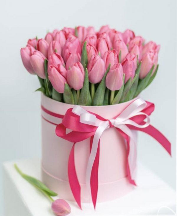 Букет из 51 розового тюльпана в коробке