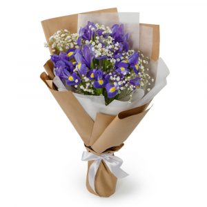 Маленький букет из ирисов и гипсофилы — Букеты цветов