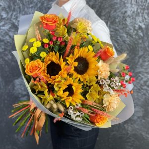 Букет с подсолнухом Осенний блюз — Букеты цветов