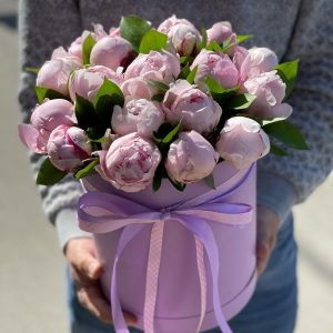 Букет из 19 розовых пионов в коробке — Пионы