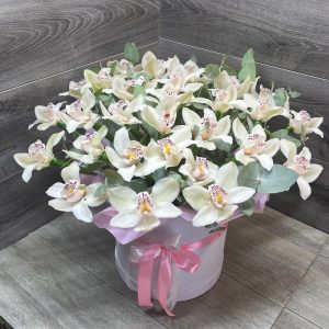 25 белых орхидей в коробке с эвкалиптом — Букеты цветов