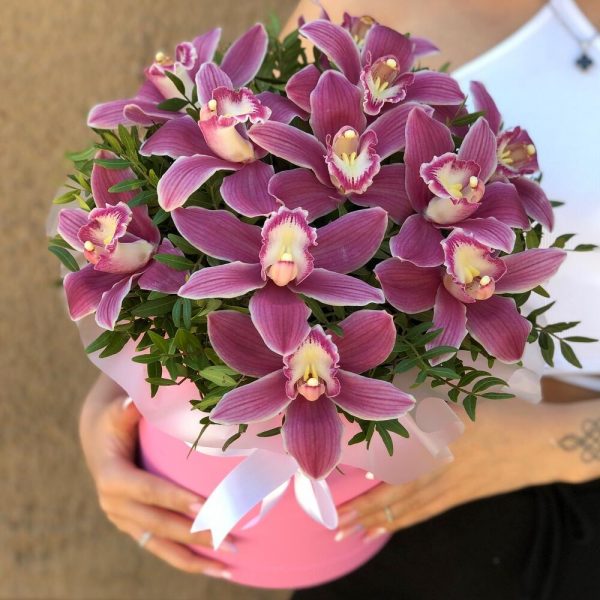 Букет из 11 фиолетовых орхидей в коробке