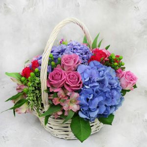 Синяя гортензия и малиновые розы в корзине — Букеты цветов