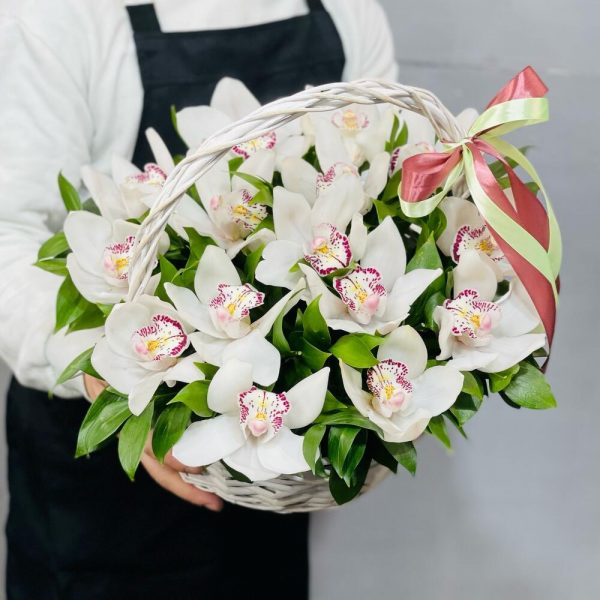 Букет из 13 белых орхидей в корзине