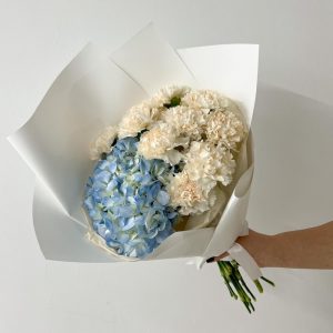 Букет из кремовых диантусов и голубой гортензии — Букеты цветов