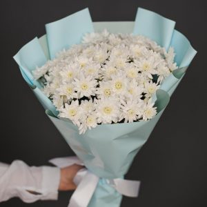 15 белых кустовых хризантем в упаковке — Букеты цветов