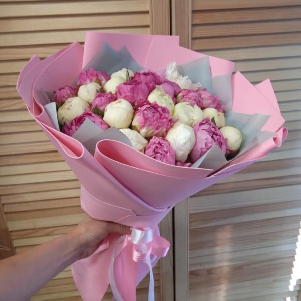 25 розовых и белых пионов в нежной упаковке
