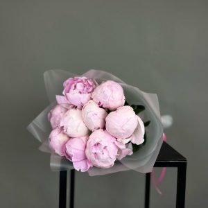 Букет из 9 нежно-розовых пионов в пленке — Доставка пионов недорого