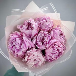 Нежный букет из 7 розовых махровых пионов
