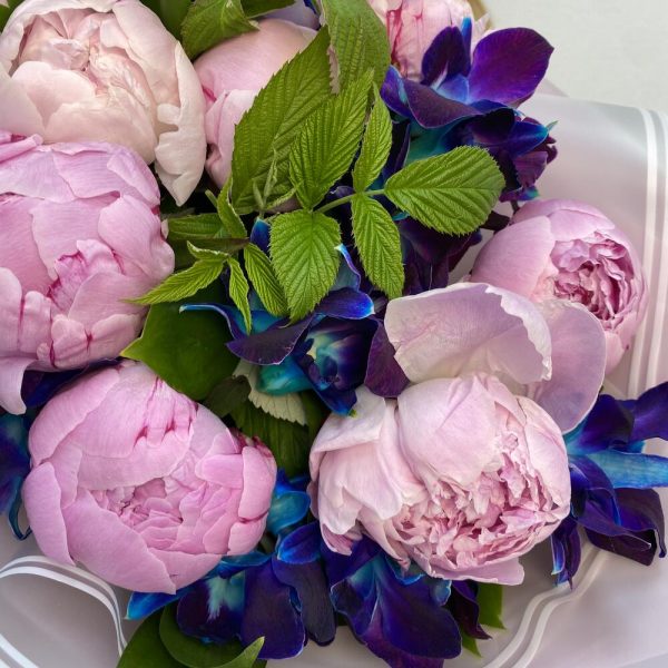 9 розовых пионов с орхидеей "Космос"