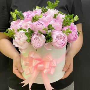 19 розовых пионов Сара в шляпной коробке — Доставка пионов
