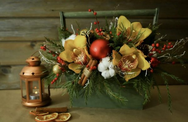 Рождественская композиция в ящике с орхидеями
